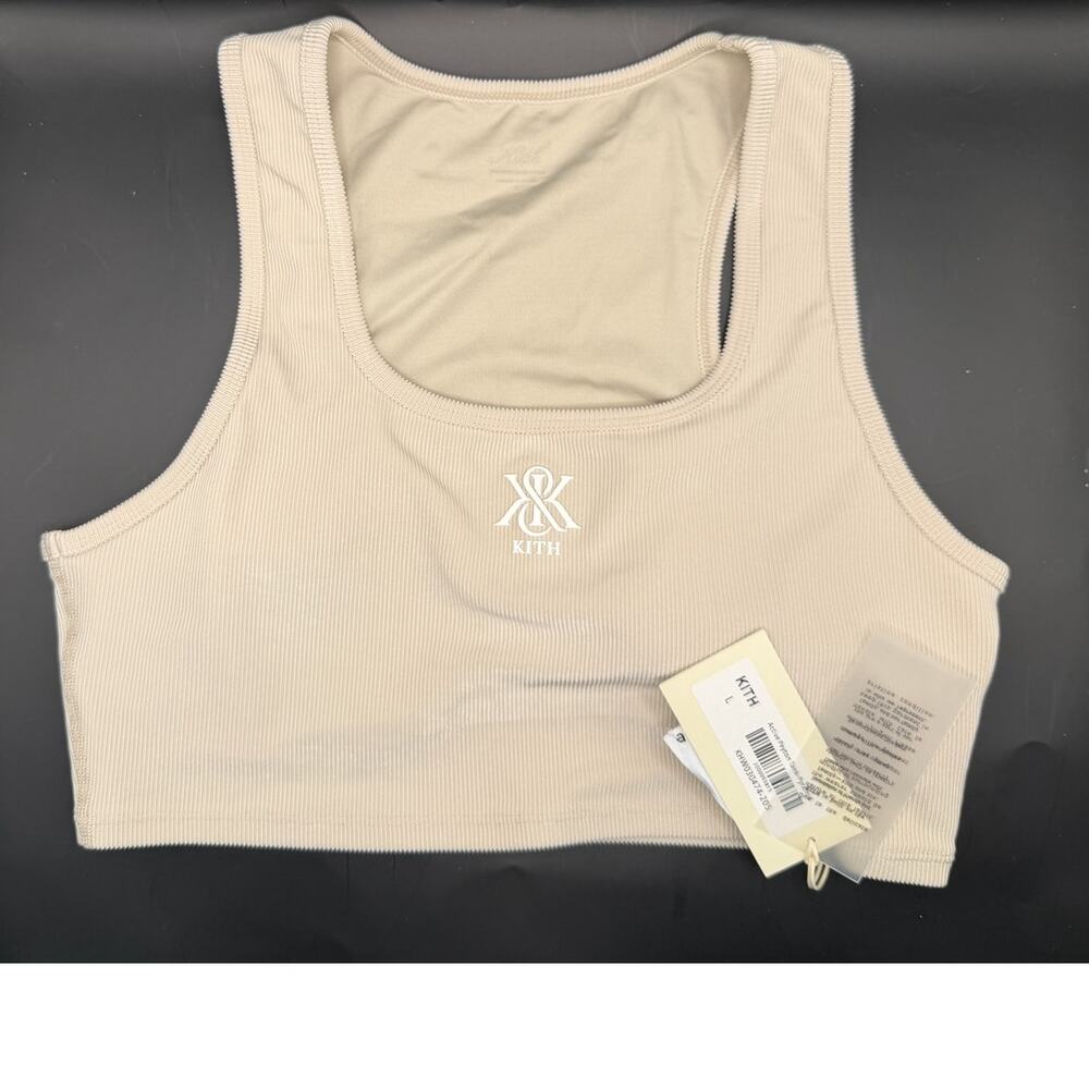 Kith Womens Ribbed Sports Bra Crop Tank Beige Stretch Logo NWT Large